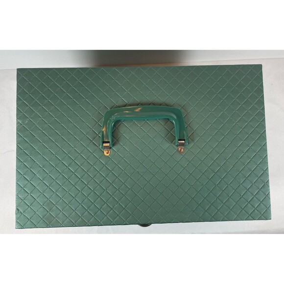 Vintage Green Quilted Vinyl Sewing Box with Tray Drawer 1950s/60s Case w/ Handle - Picture 3 of 14